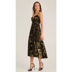 Helsi Edith Gold Black Floral Metallic Empire A-Line Maxi Dress Sz M NWT+Imperfe
